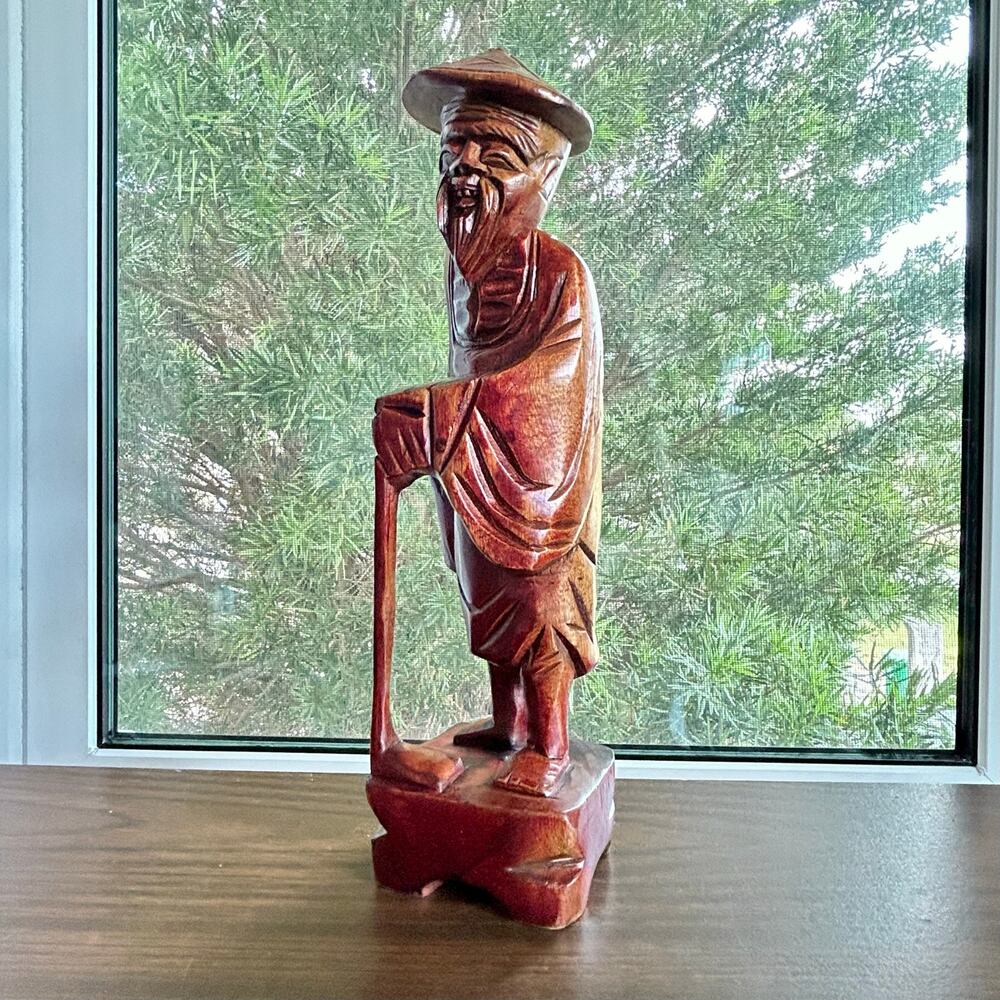 Vintage Hand-Carved Wooden Elder Figurine, 12” Tall Fisherman with Walking Stick